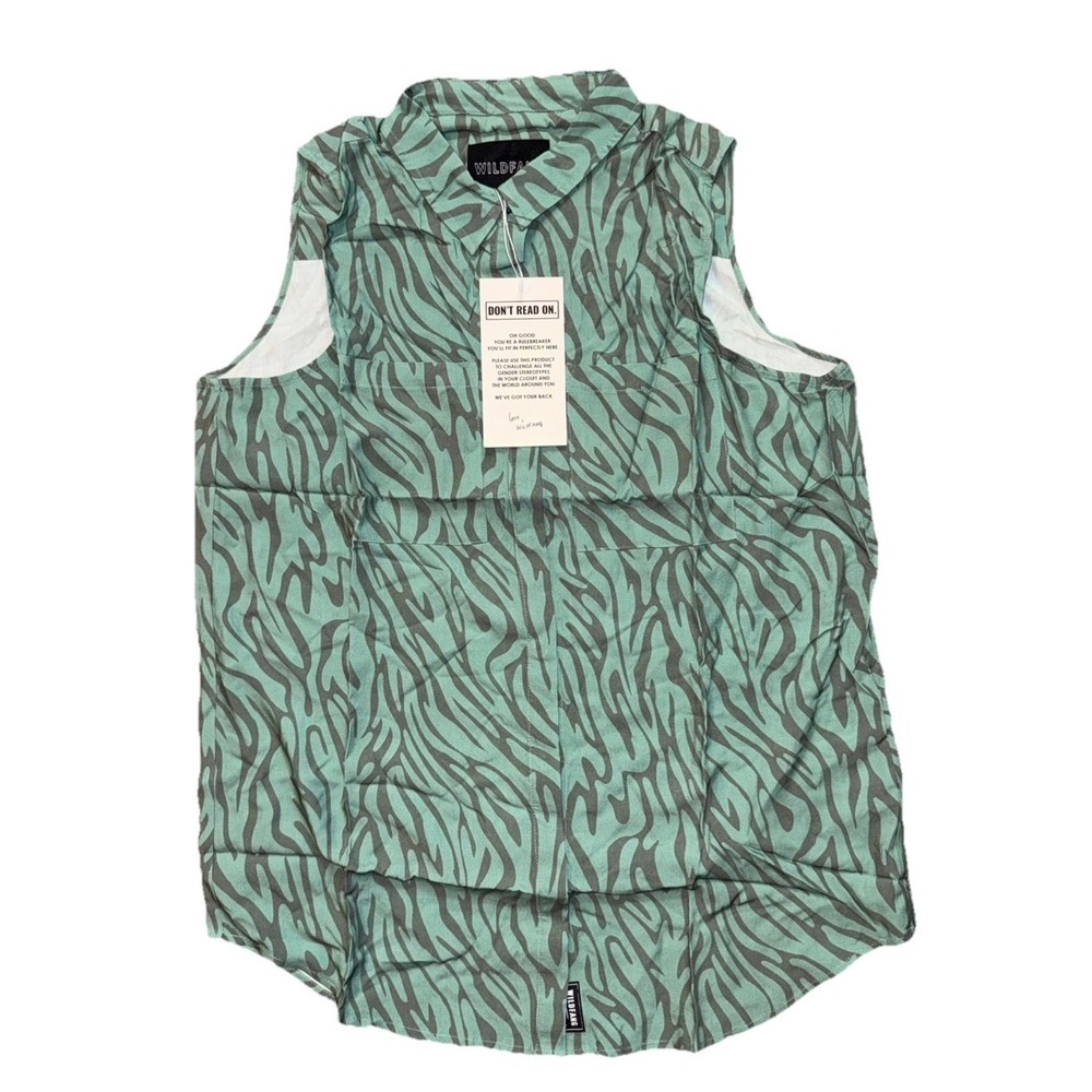 NWT Wildfang Empowered Sleeveless Button Green Zebra Animal Print S 21" PtoP